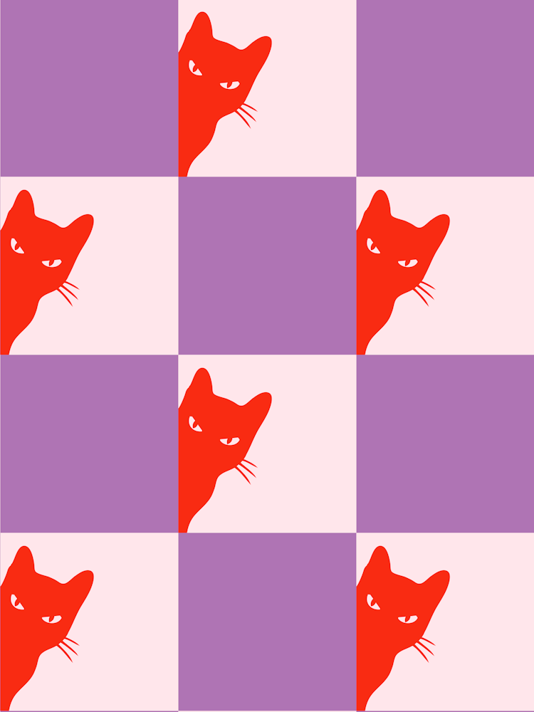Playful Checker Board Cat Peeping Pattern 6 In Funky Purple Coral Red 01