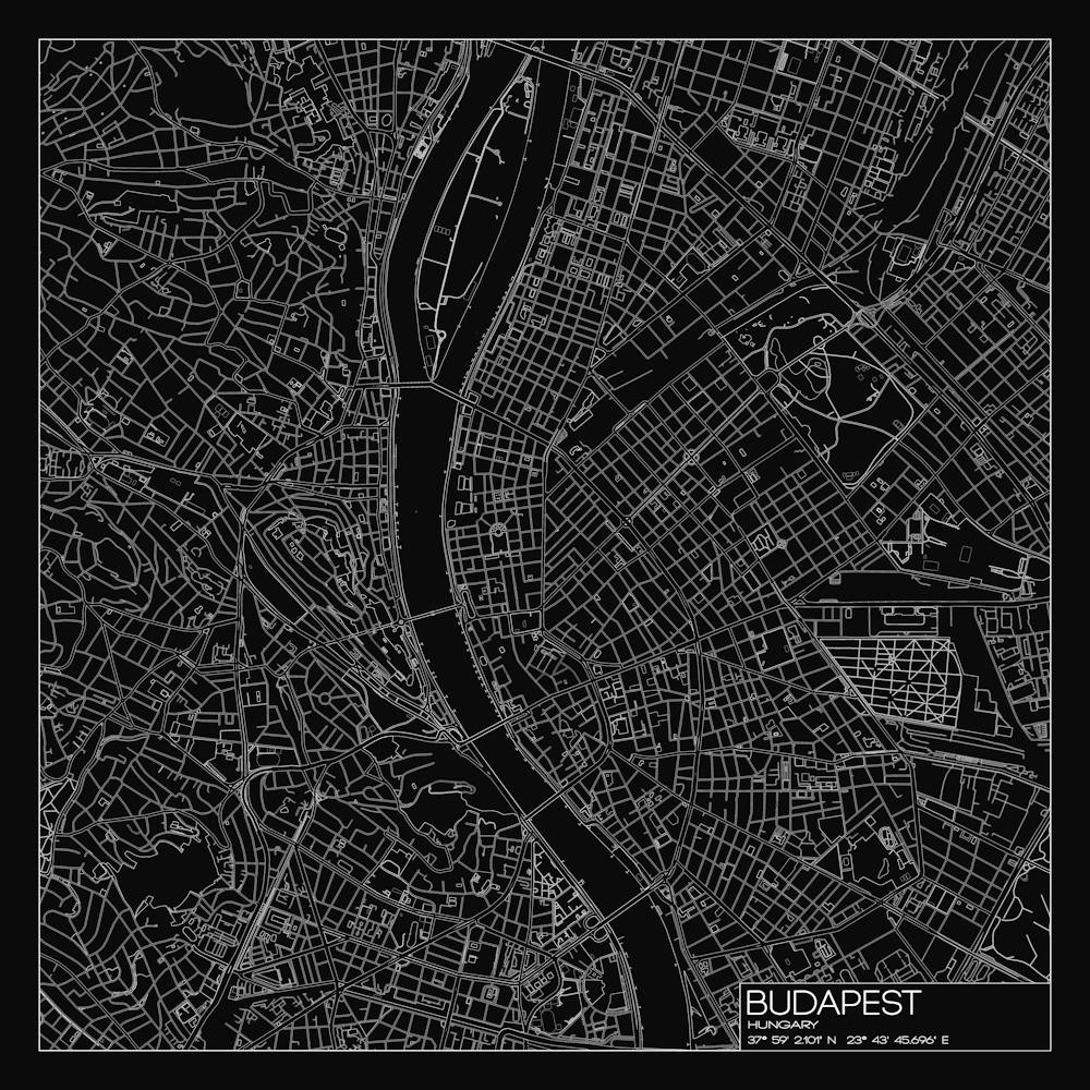 Budapest, Hungary, City Map White On Black Blueprint Design