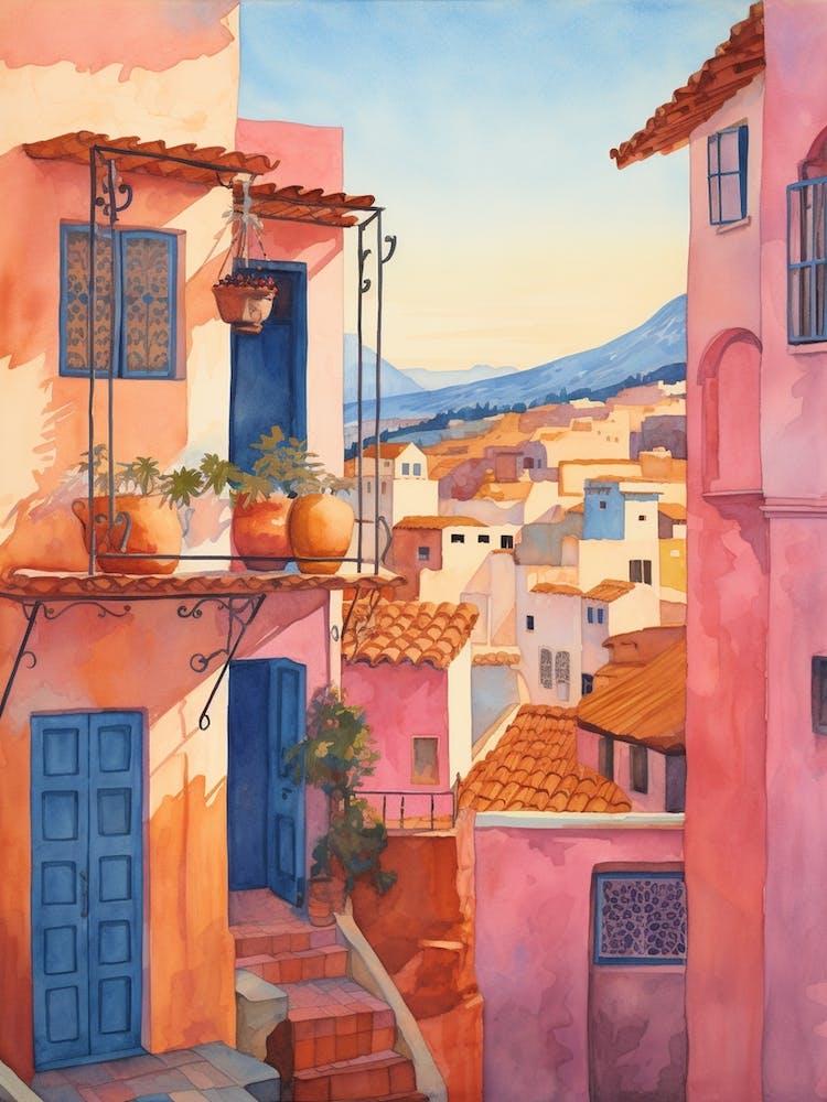 Chefchaouen Morocco 2 Vintage Pink Travel Illustration
