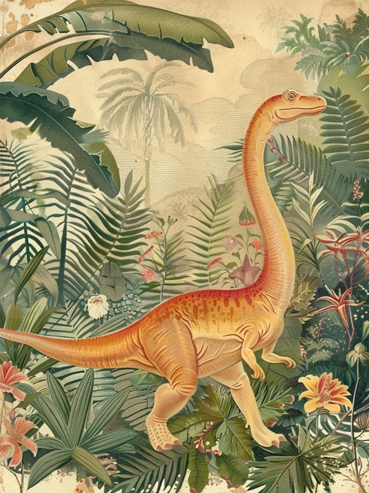 Dinosaur Wandering Through The Jungle Vintage Illustration
