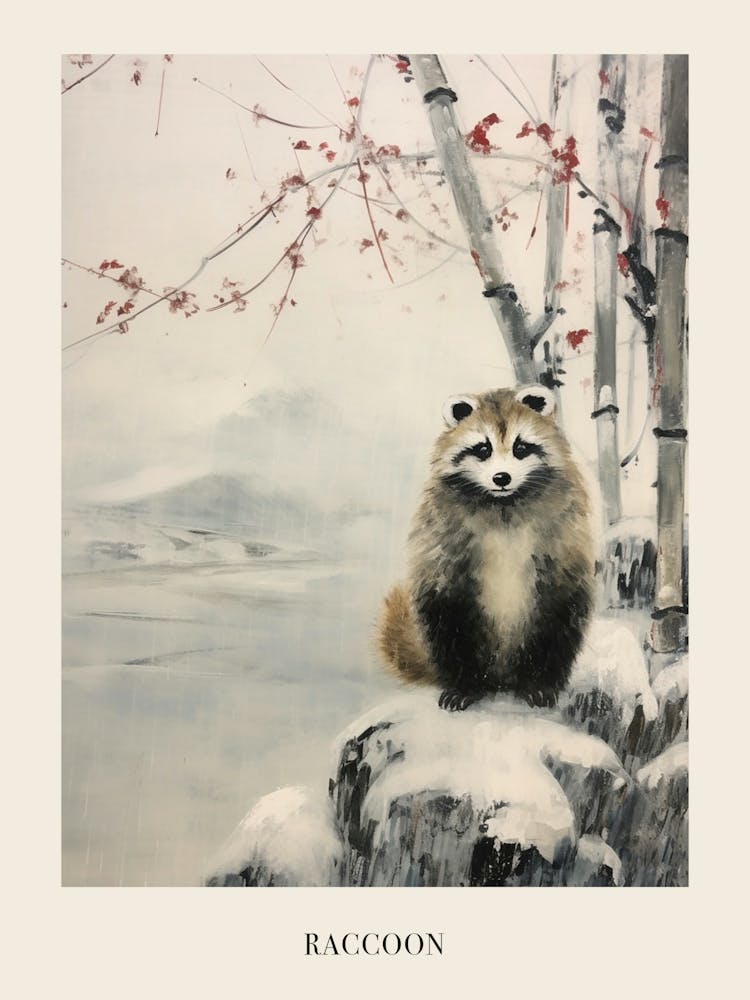 Vintage Winter Animal Painting Poster Raccoon 4