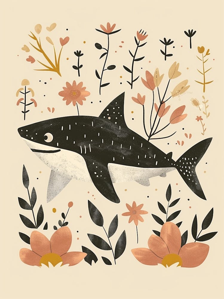 Muted Pastel Cute Shark With Flowers Illustration 1