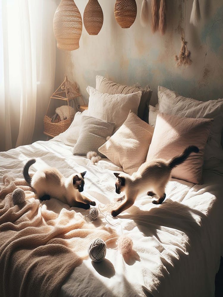 Two Cats Playing On A Bed