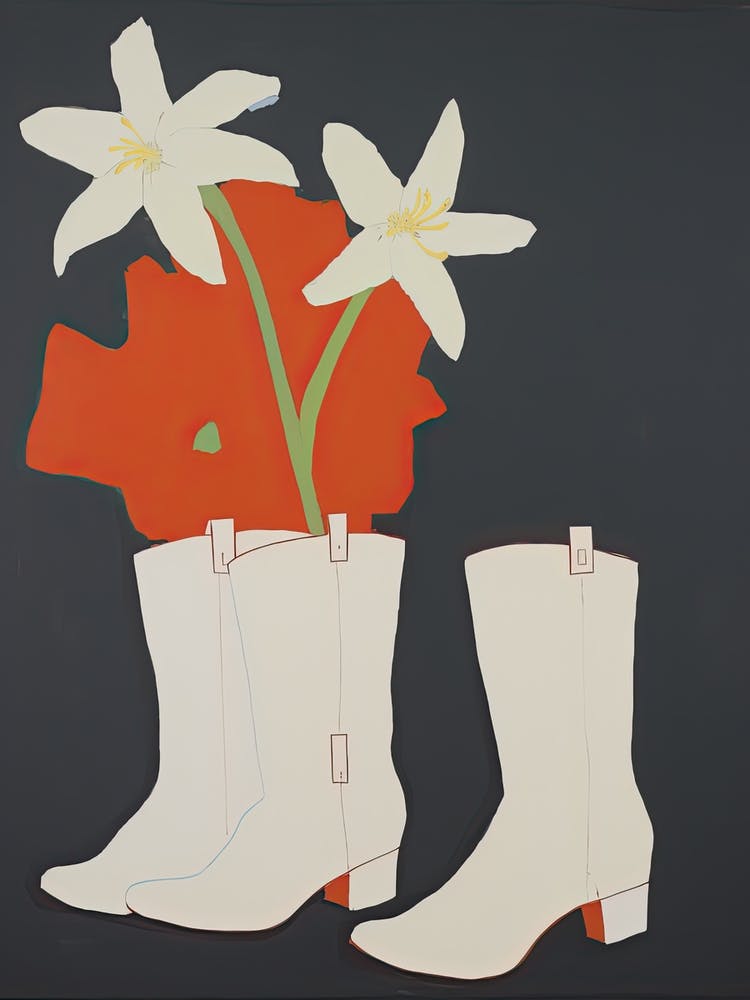 A Painting Of Cowboy Boots With White Flowers, Pop Art Style 12