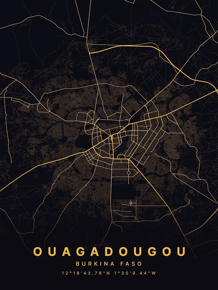Ouagadougou Wagadugu Burkina Faso Black And Gold Map