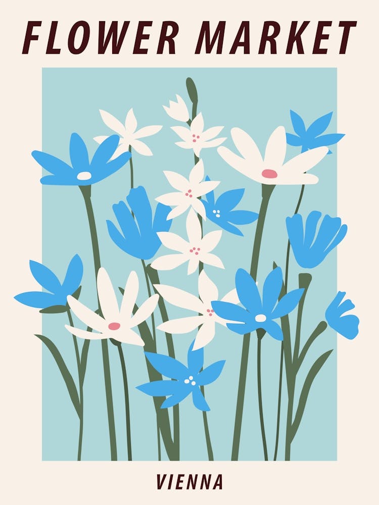 Flower market Vienna, Blue flowers, Retro floral art