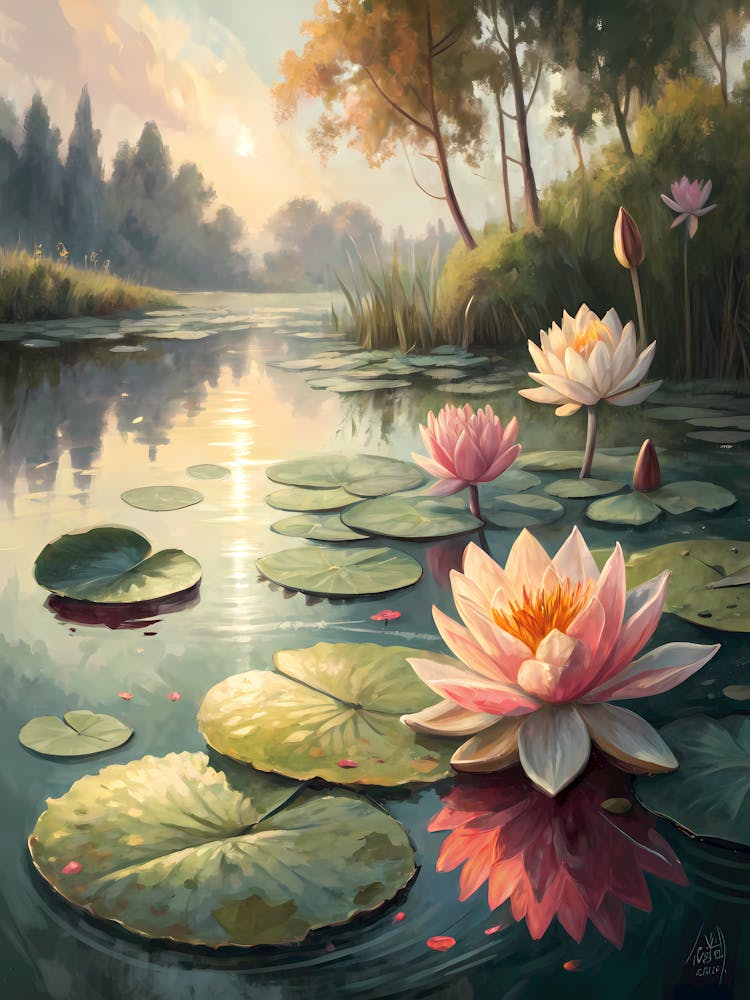 Oil Painting Style Abstract Lily Pads And Lotus In water