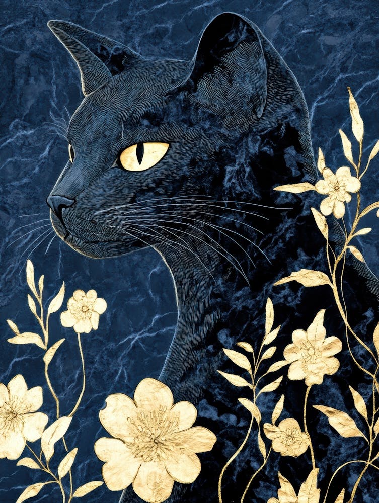 Black Cat With Gold Flowers