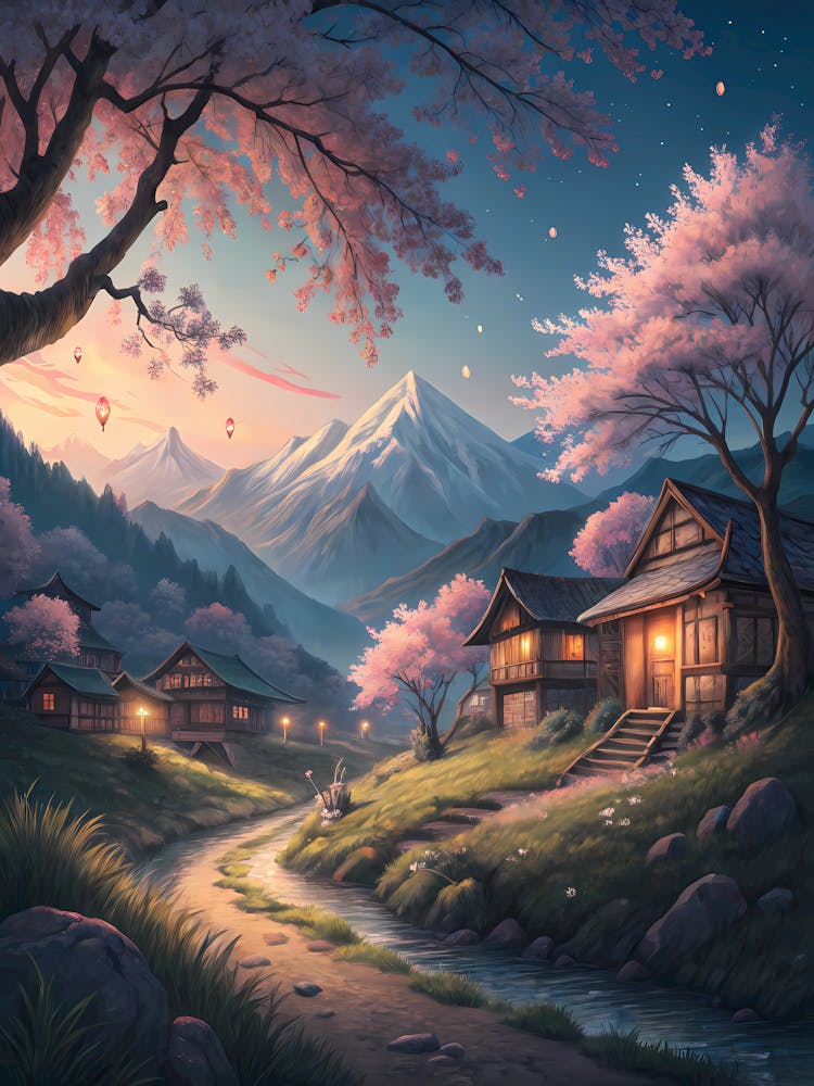 Oil Painting Style Tranquil Sakura Mountain Village Japanese Landscape at Dusk