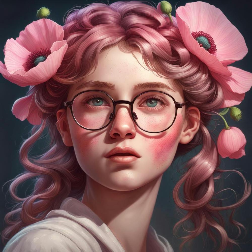 Mädchen mit Brille und rosa Mohnblumen