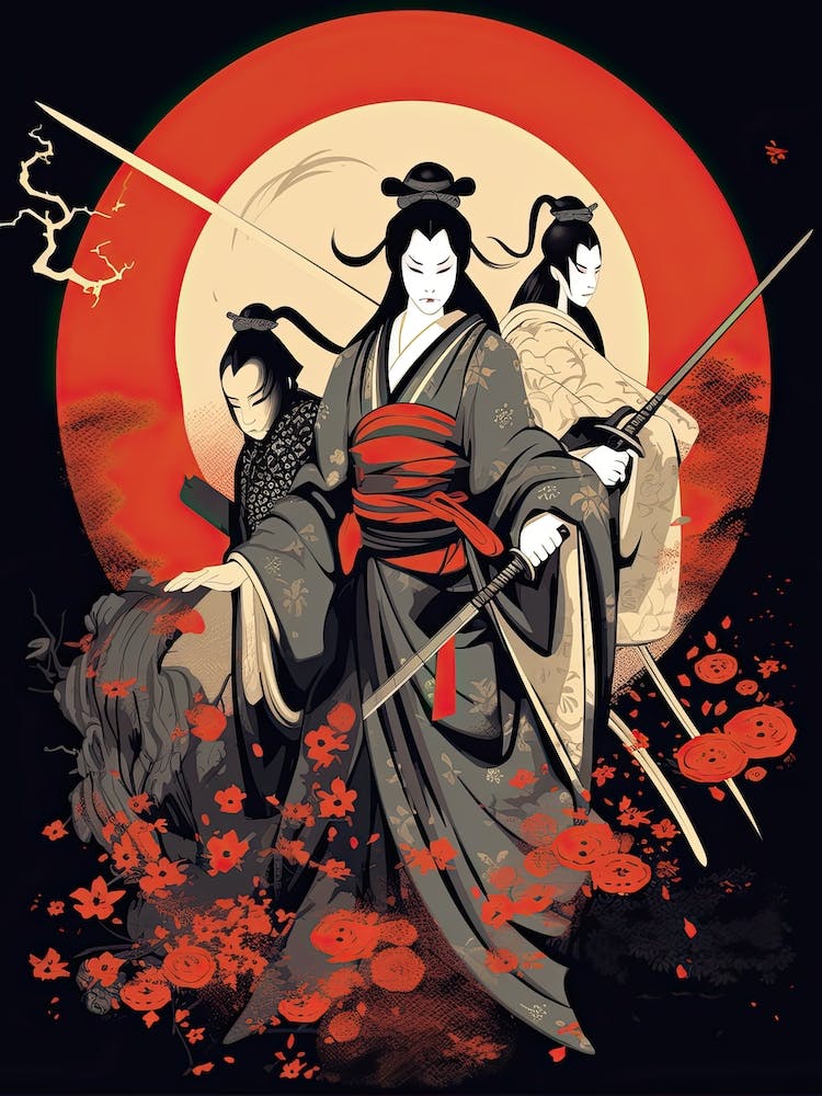 Samurai Noh And Kabuki Theater Style Illustration 4