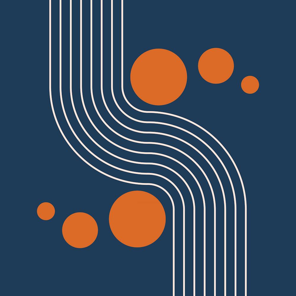Modern Mid Century Sun and Rainbow Abstract 10 in Navy Blue and Burnt Orange
