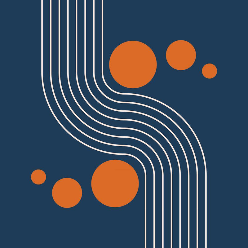 Modern Mid Century Sun and Rainbow Abstract 10 in Navy Blue and Burnt Orange