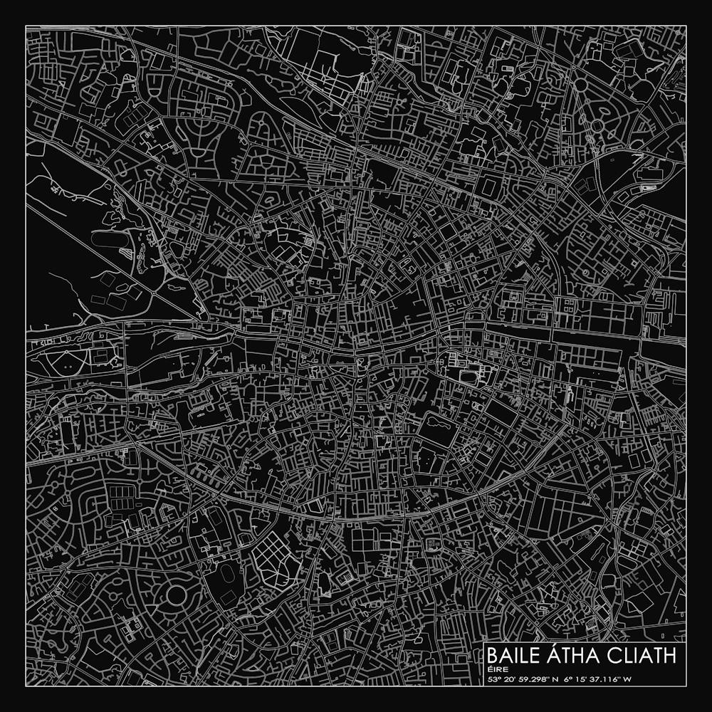 Baile Átha Cliath Éire city map white on black blueprint design