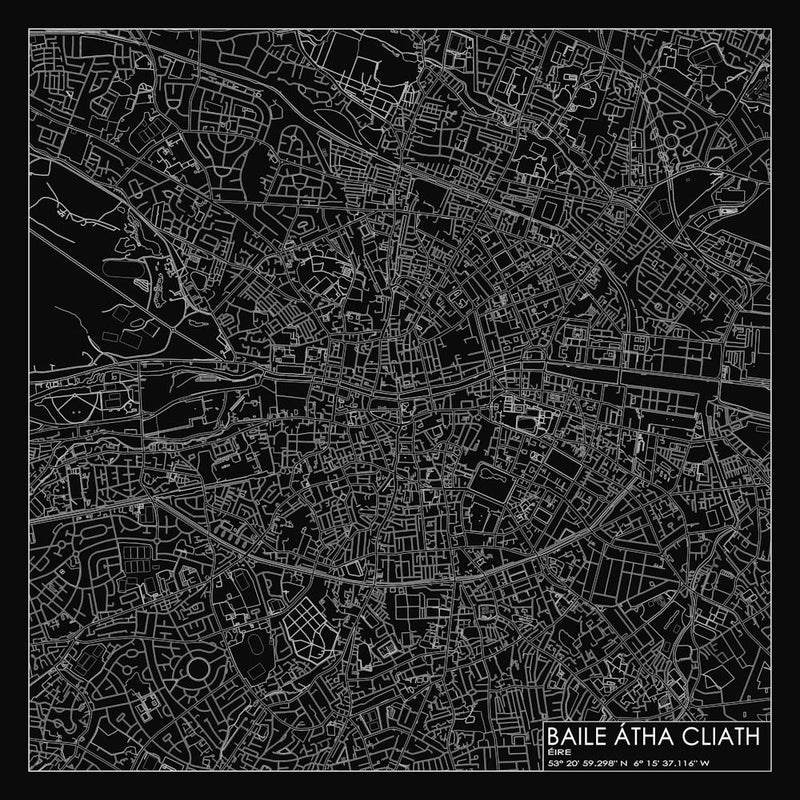 Baile Átha Cliath Éire city map white on black blueprint design