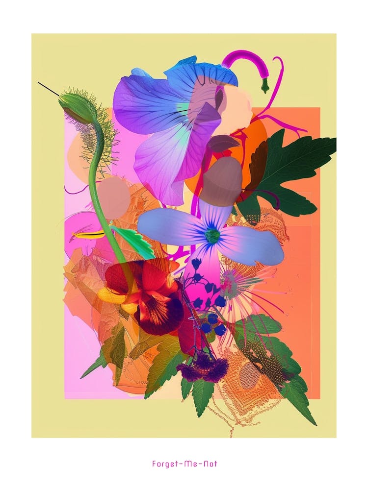 Forget Me Not 4 Neon Flower Collage Poster