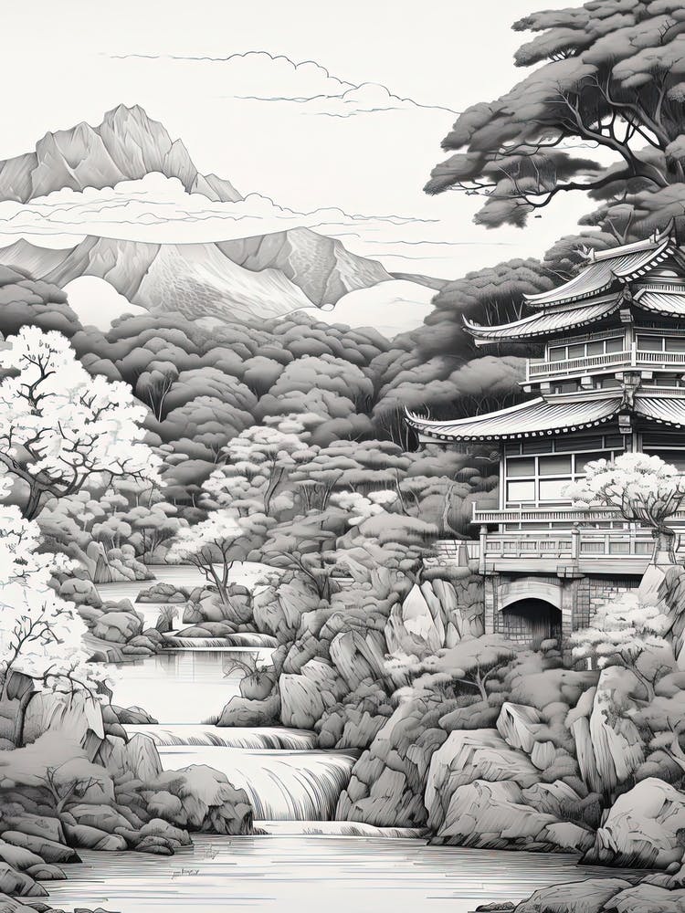 Yufuin In Oita, Ukiyo E Black And White Line Art Drawing 1