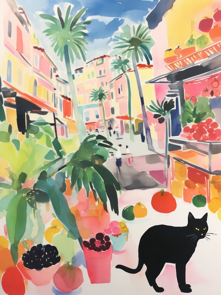 Food Market With Cats In Monaco 3 Watercolour