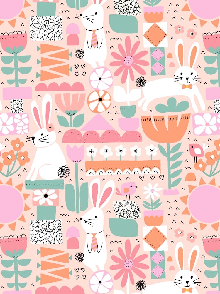 Cute Easter Bunnies and Birds Cut Out Collage Orange, Sage Green, Peach Pink Kids