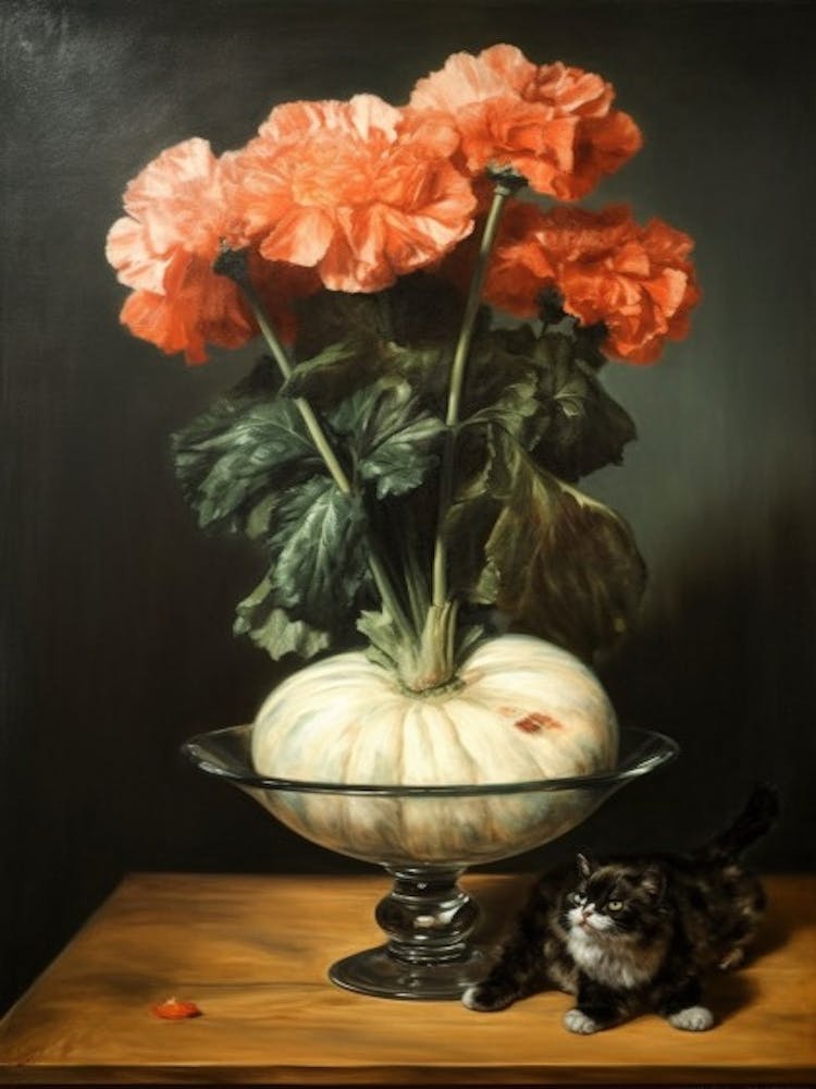 Painting Of A Still Life Of A Carnations With A Cat, Realism 3