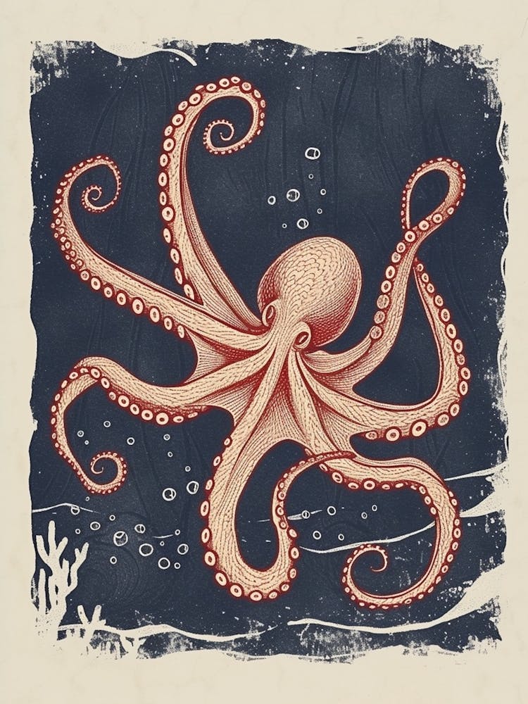 Red Octopus Making Bubbles Linocut Style