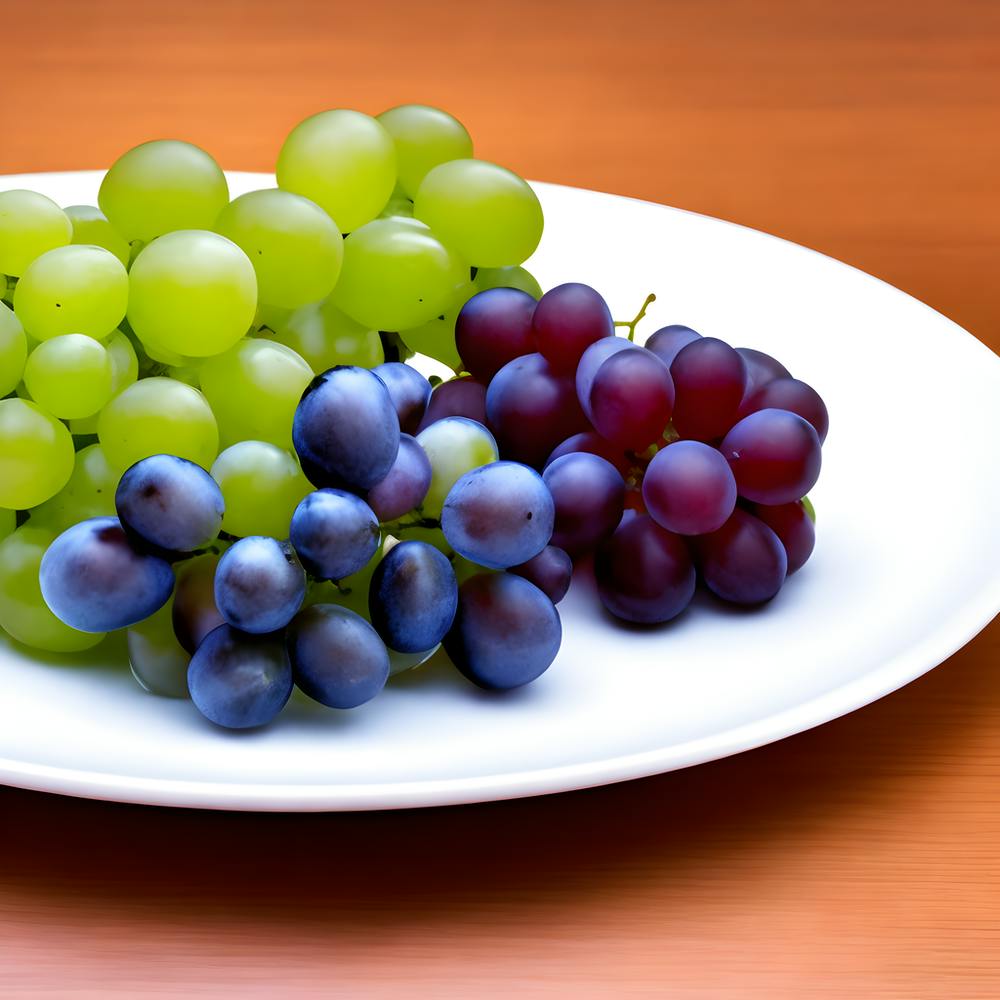 Various Fruits And Green Grapes On A Plate A Calm Background And Water Drops Falling On It (1)