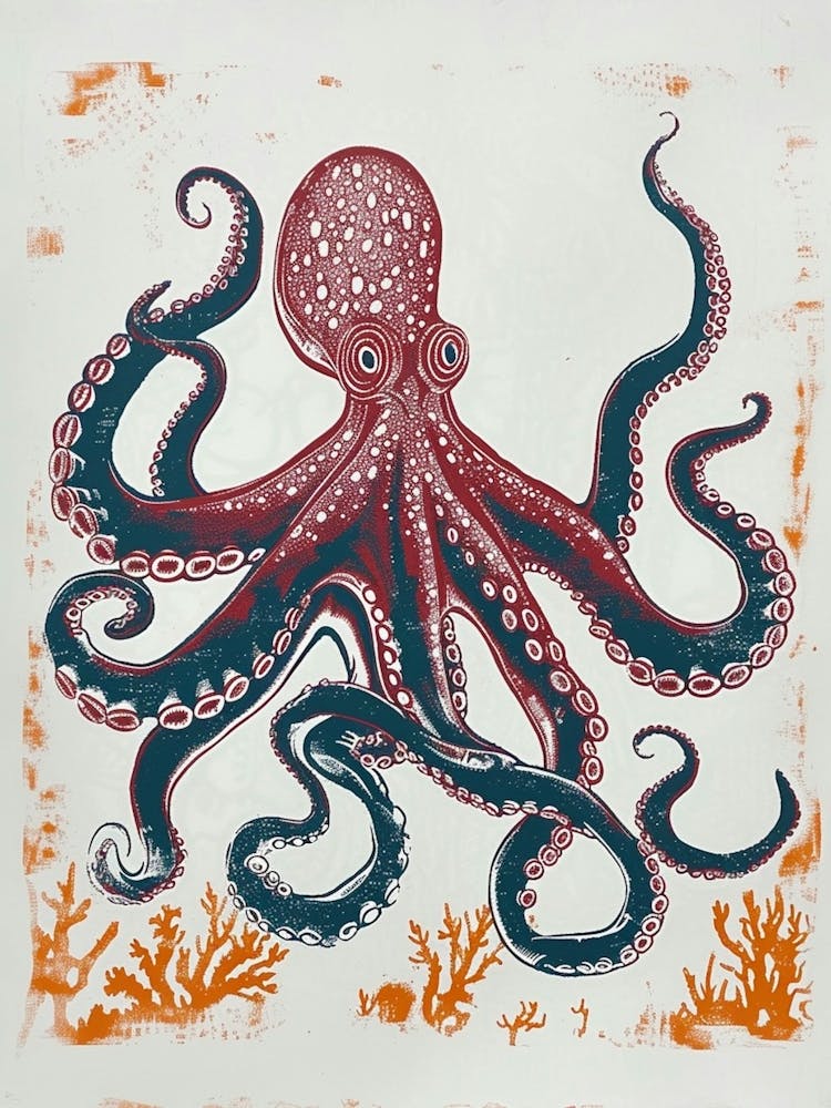 Retro Red Navy Octopus Linocut Style 5