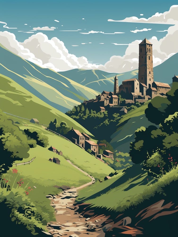 Mestia To Ushguli Trail Georgia 1 Vintage Travel Illustration