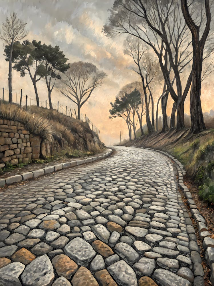 Peinture de route pavée historique style peinture à l'huile, paysage rustique avec arbres et mur en pierre