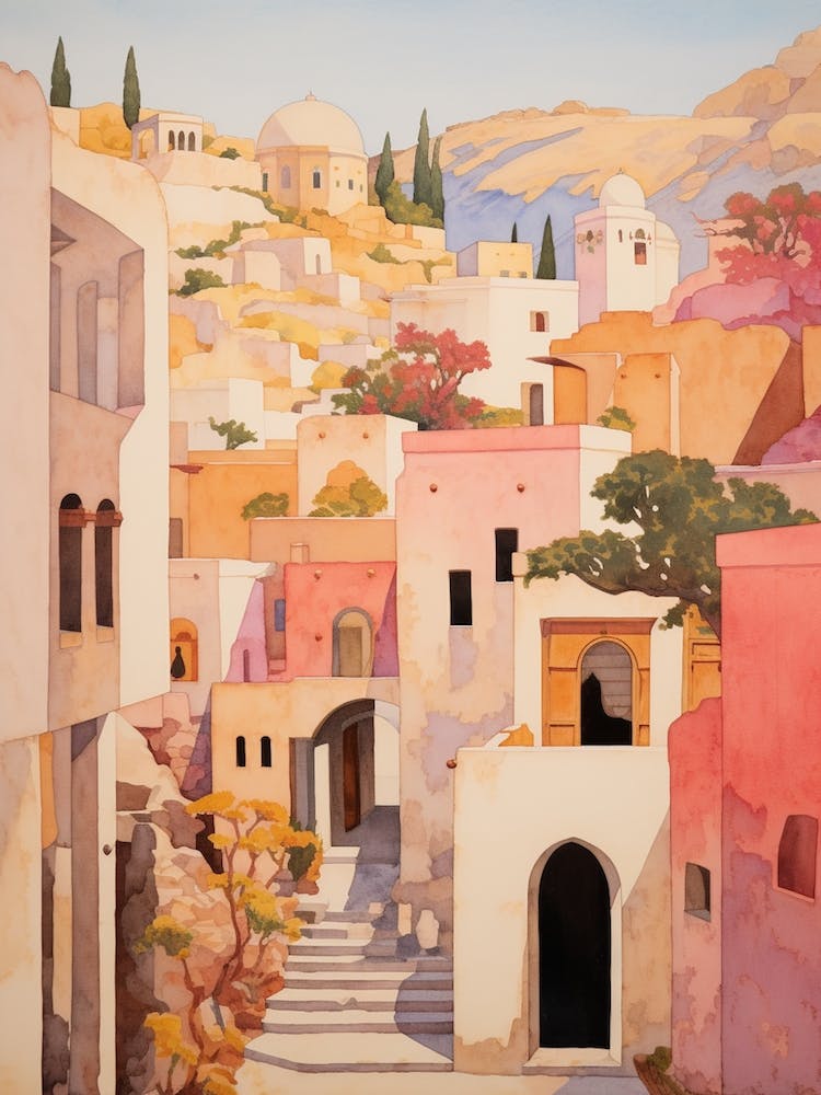 Santorini Greece 2 Vintage Pink Travel Illustration