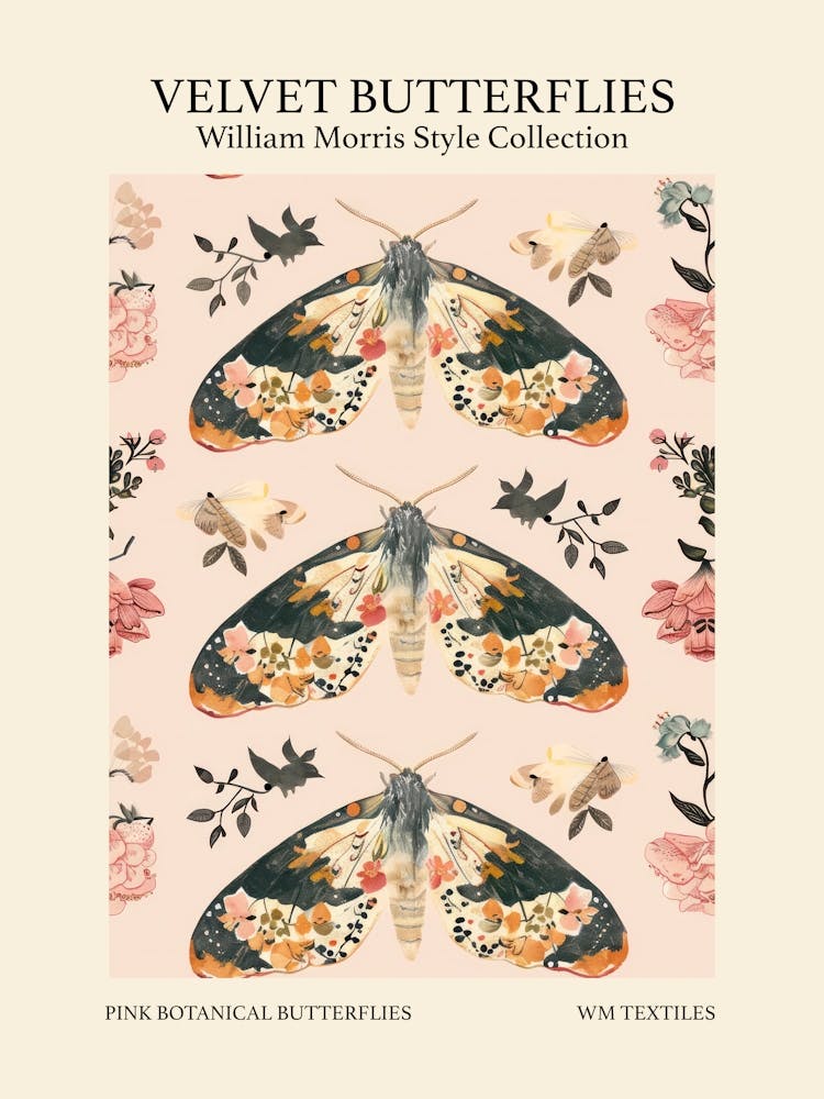 Velvet Butterflies Collection Pink Botanical Butterflies William Morris Style 2
