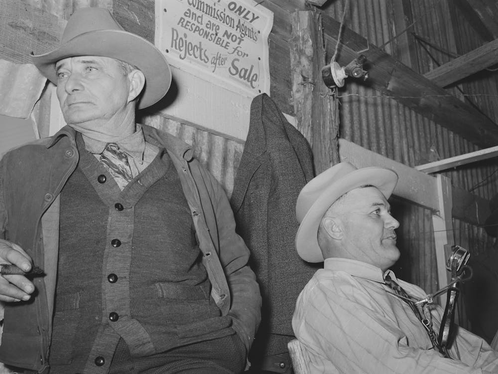 Auctioneer (Right) And An Official (Left) At Livestock Auction, San Angelo, Texas By Russell Lee