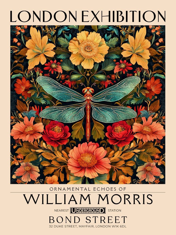 William Morris – Libellen- und Blumenkunstwerk, Insekten- und Blumenmuster, Vintage Botanikdruck für Cottagecore, Maximalist-Dekor, Florale Tapisserie, Viktorianische Naturillustration, Vintage Schlafzimmerdeko 31
