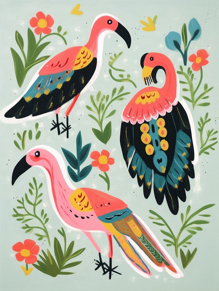 Folk Style Bird Painting Flamingo 3