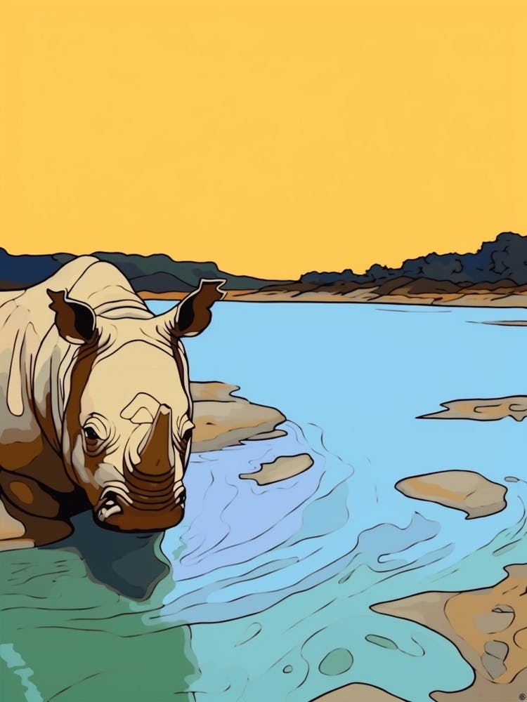 Rhino Bathing In The River Simple Illustration 2