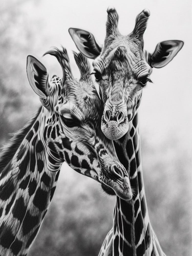 Two Giraffe Together Pencil Drawing 1
