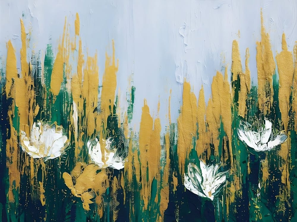 White Flowers Abstract Painting Golden Brushstrokes
