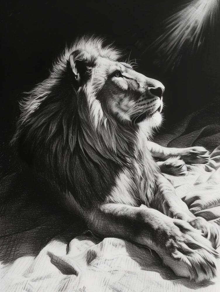 African Lion Charcoal Drawing Resting In The Sun 2