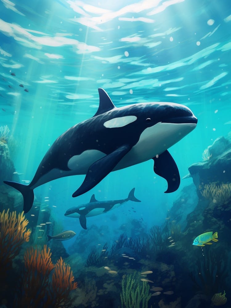Underwater Orca Whales With Fish Aqua Blue