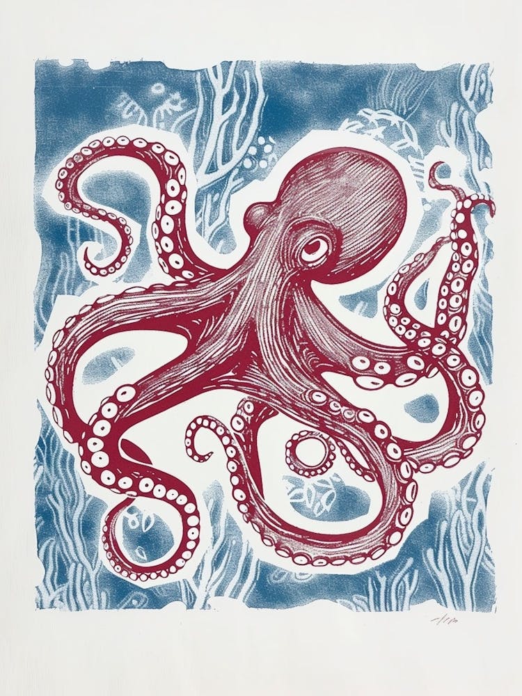 Hand Printed Style Red & Navy Octopus 1