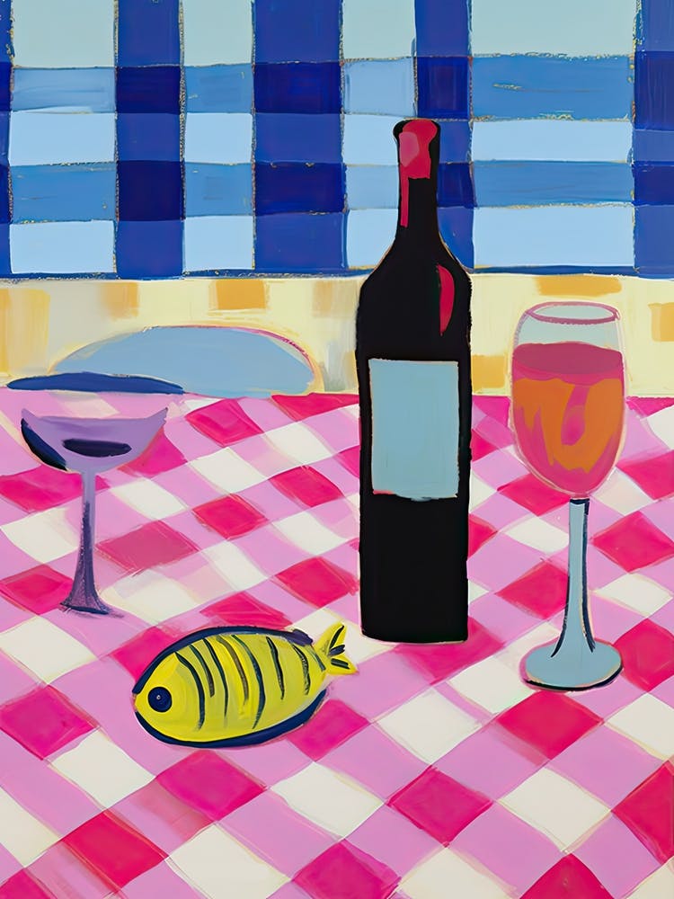 Painting Of A Table With Food And Wine, French Riviera View, Checkered Cloth, Matisse Style 2
