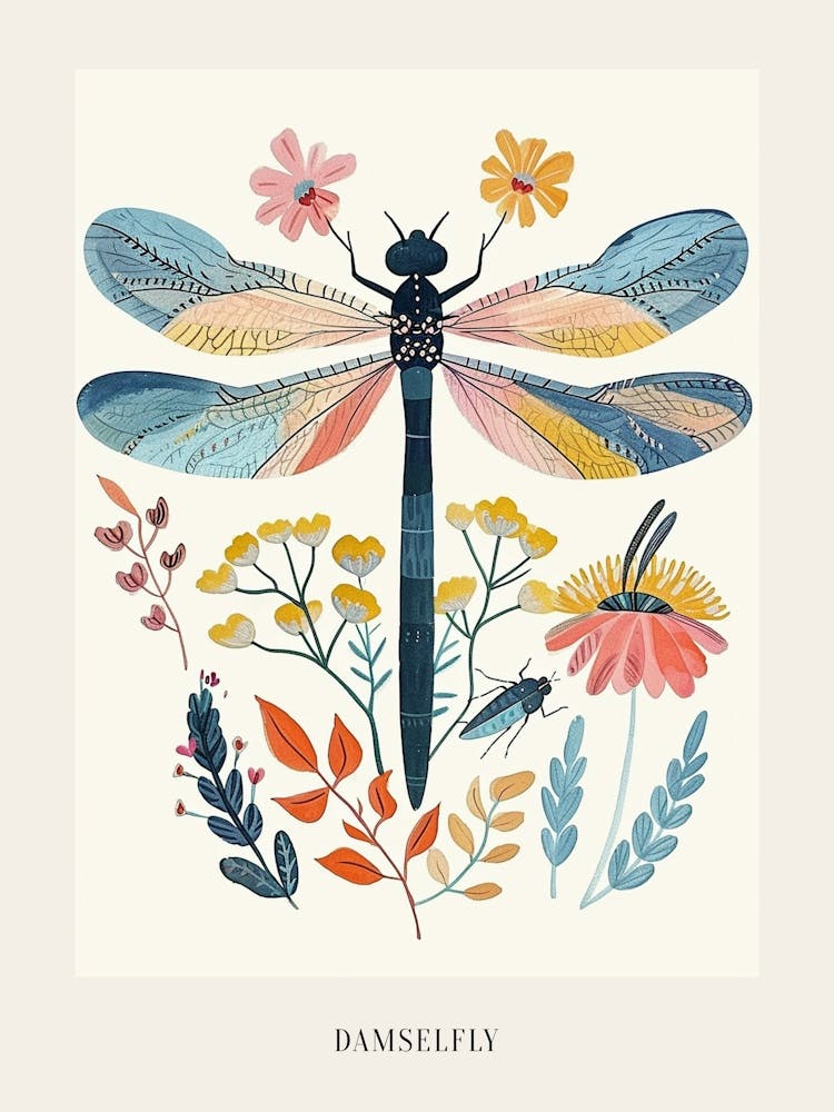Colourful Insect Illustration Damselfly 10 Poster