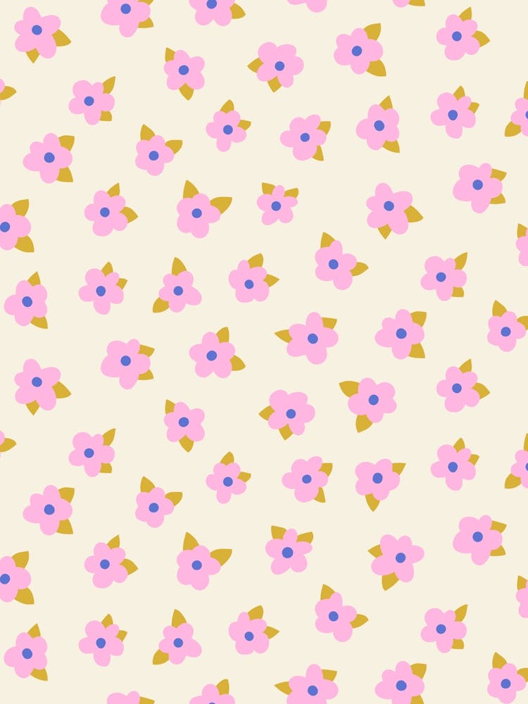 Soft Scattered Flowers and Leaves Pink, Blue, Yellow on Cream White