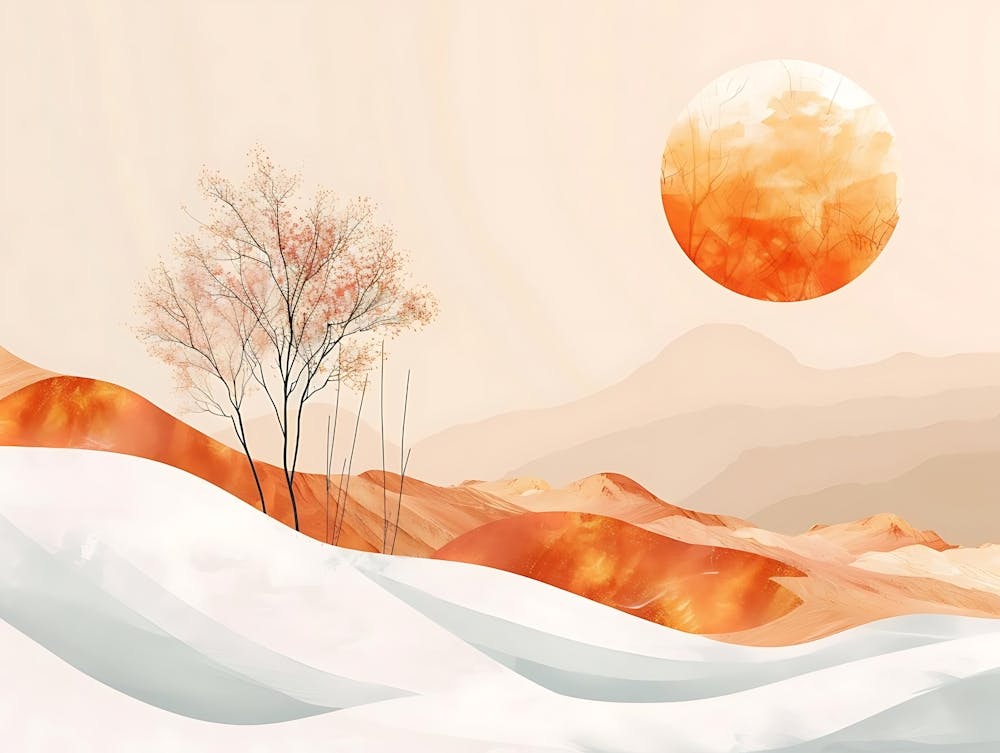 Abstract Minimalist Landscape Painting Of Snow Covered Hills Leafless Trees And A Large Orange Sun