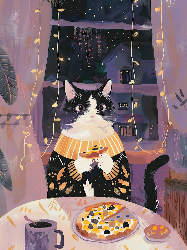 Happy Black And White Cat Pizza Lover Folk Illustration 4