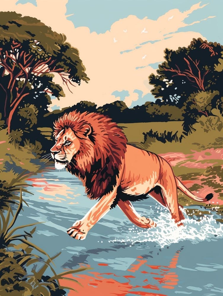 African Lion Crossing A River Illustration 3