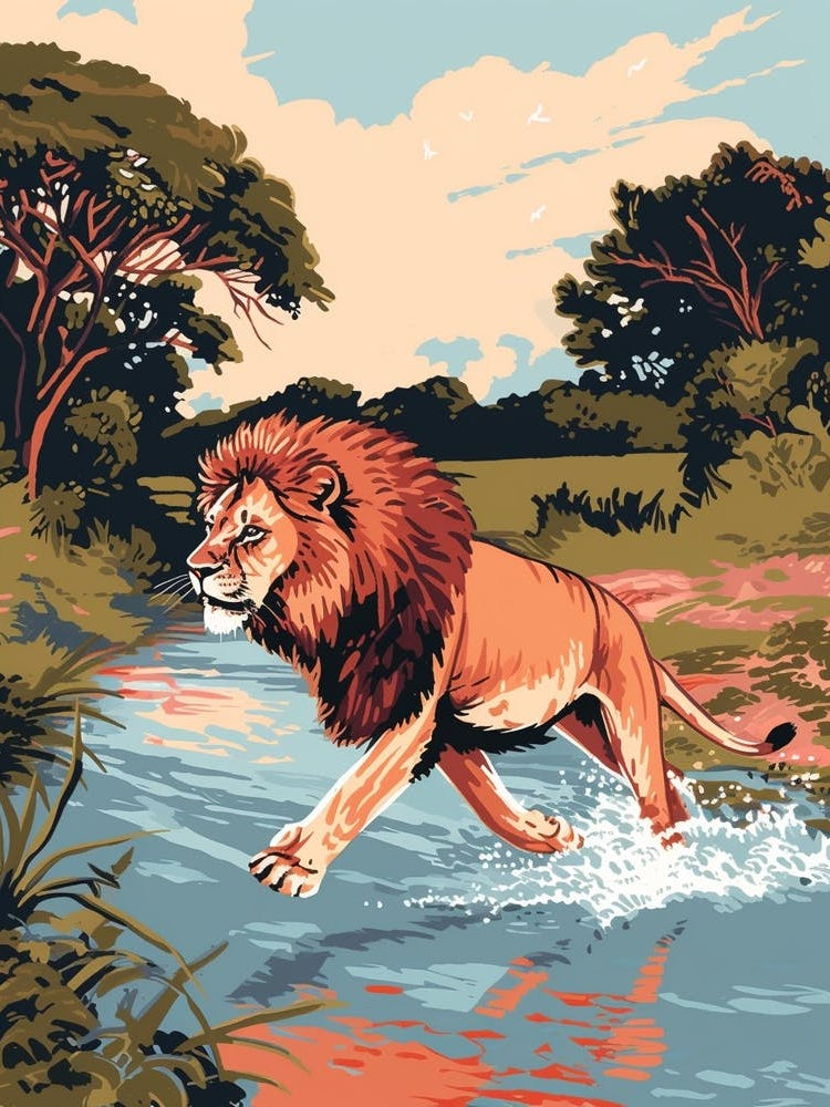 African Lion Crossing A River Illustration 3