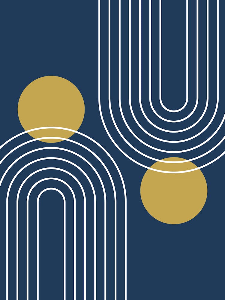 Mid Century Modern Geometric In Navy Blue And Gold (Rainbow And Sun Abstract) 01