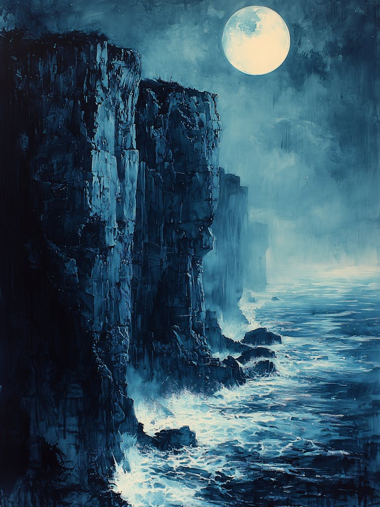 Vollmond über den Klippen, Monochrom, Kohlezeichnung-Stil