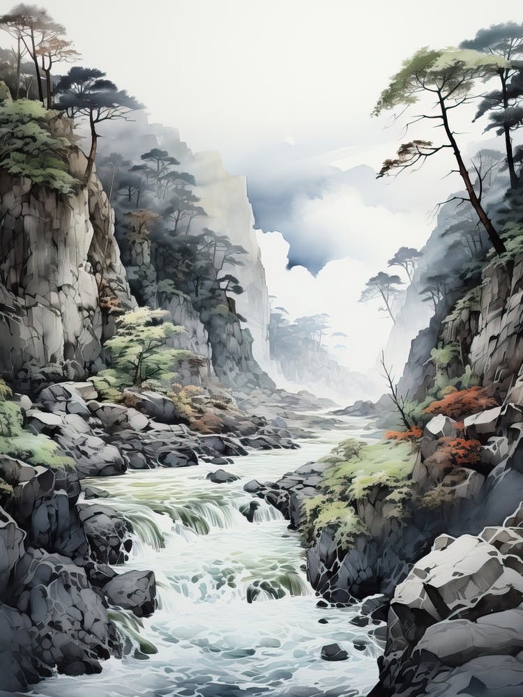 Sounkyo Gorge In Hokkaido, Japanese Brush Painting, Ukiyo E, Minimal 3